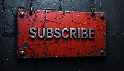A weathered red metal sign with 3D silver "SUBSCRIBE" text hanging on a dark wall.