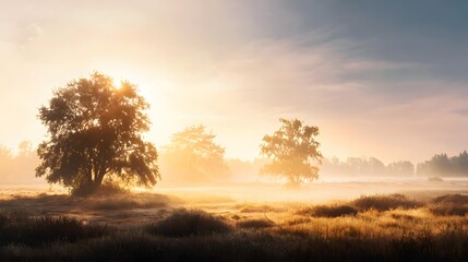 Golden Sunrise Over Misty Meadow with Trees and Atmospheric Haze.