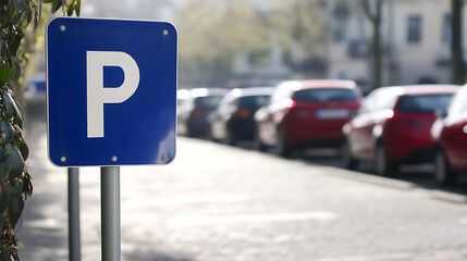 Blue parking sign with a white P stands tall, indicating designated parking. Cars line the street blurring into the background. Foliage to the left adds natural detail.