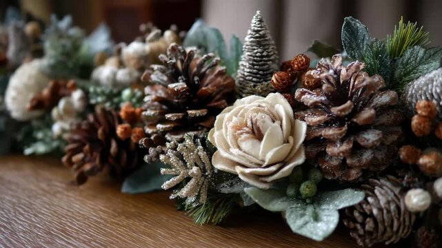 Seasonal arrangement of flowers and pinecones on a wooden surface in a warm indoor setting during autumn