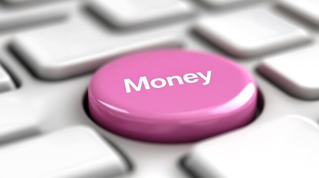 Pink money button on a white keyboard for online finance high resolution image