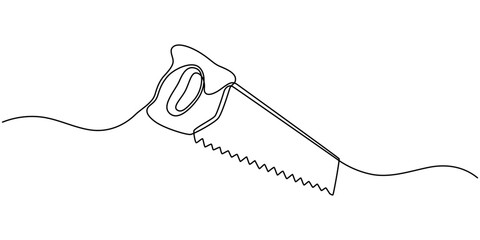 Obraz premium Saw tool. One line continuous saw. Line art, outline, single line silhouette. Hand drawn vector illustration.