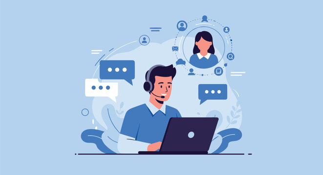 Customer support representative wearing a headset working on a laptop surrounded by digital communication and social network icons. - Powered by Adobe