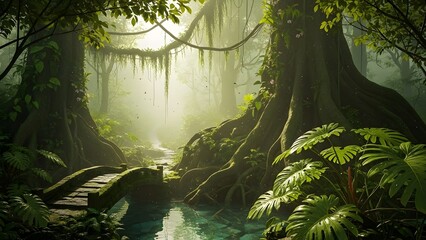 Sunlight streaming through dense jungle canopy and lush vegetation