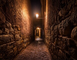 a dimly lit cobblestone passageway with stone walls illuminated by a flickering torch creating a mysterious and atmospheric ambiance