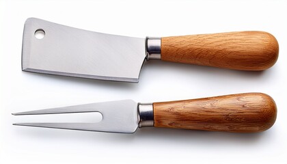 two cheese knives with wooden handles isolated on white background