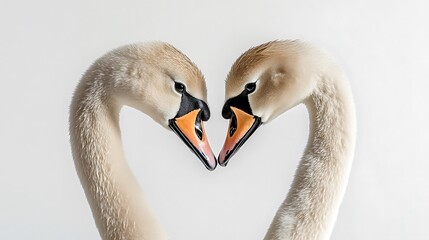 Fototapeta premium Two elegant swans form heart shape with necks on white background high resolution image