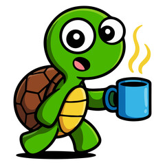 Obraz premium Turtle Drinking Coffee Cartoon – Funny Reptile Character Holding Hot Mug, Relax Morning Illustration Vector on White Background, turtle, coffee, cartoon, cute, animal, mug, drink, morning