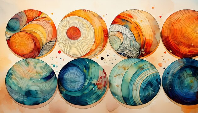 abstract watercolor circles with textured patterns in warm and cool tones