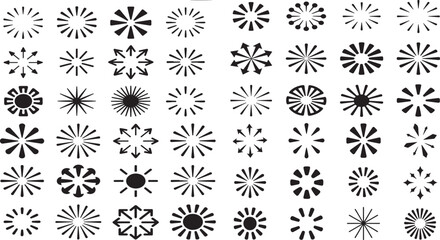 Collection of various black directional and radial graphic design elements on white background