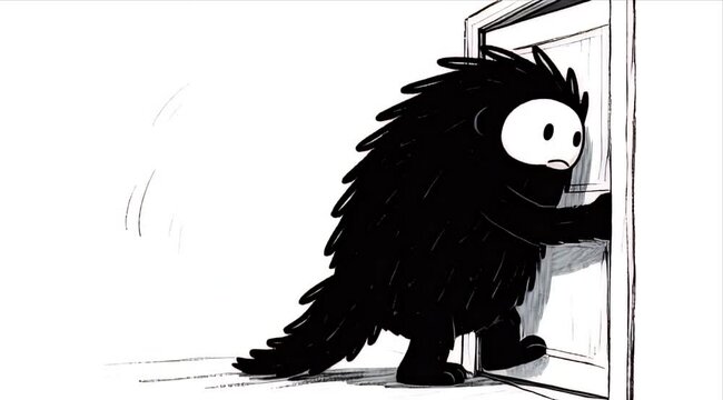 Shadow Puff: Fluffy Black Monster Peeking Through Doorway Art