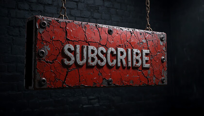 A weathered red metal sign with the word "SUBSCRIBE" hanging by chains against a dark brick.