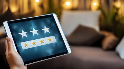 Tablet displaying customer star ratings in a cozy home setting. Shows feedback, evaluation, satisfaction, and digital reviews for services and products. User experience concept.