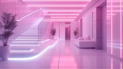 Obraz premium Dreamy pink illuminated hallway with sleek staircase and contemporary design high resolution image