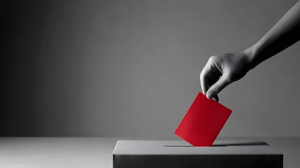 Hand casting a red ballot into a ballot box, voting concept, election process.