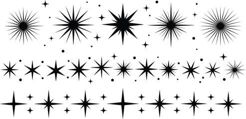 Black star and sparkle vector designs collection, featuring eight six and four pointed stars with decorative dots on white background, 2025. © Samina