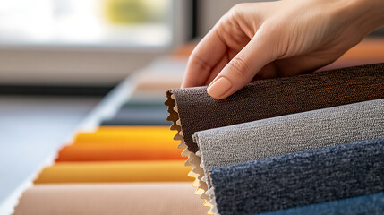 Close-up of a hand selecting fabric samples in various colors and textures, perfect for interior design and material selection, emphasizing color and texture for a project.