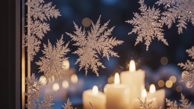 Winter Candles and Sparkling Snowflakes on Window at Night