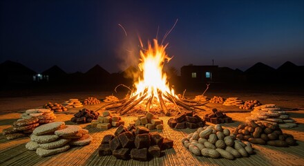 Lohri bonfire at night with glowing flames sesame sweets jaggery and peanuts around fire rural background for harvest celebration or makar sankranti, pongal 