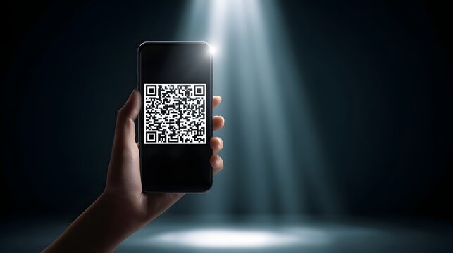 Hand holding smartphone displaying QR code under bright spotlight, technology concept. - Powered by Adobe