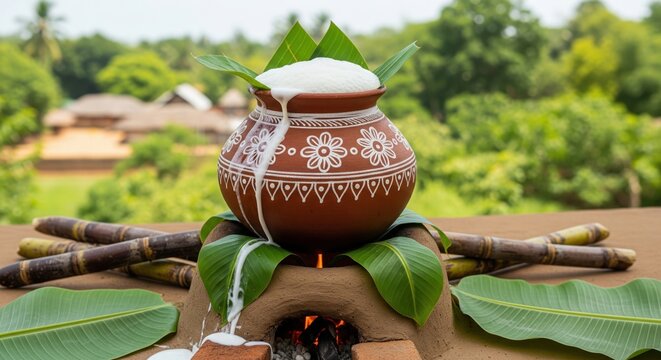 Decorated clay pongal pot with white kolam designs boiling milk overflowing on traditional stove with sugarcane and banana leaves for harvest festival, makar sankranti and lohri