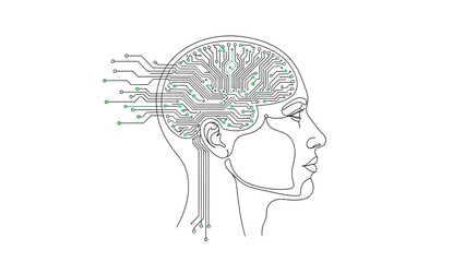 Illustration of a human head profile with a digital circuit board representing the brain, symbolizing artificial intelligence and technology