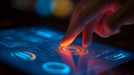 Human hand interacting with futuristic digital interface, glowing touch screen technology.