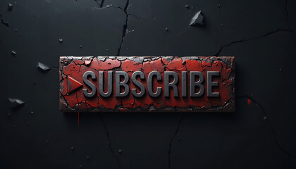 Grungy, 3D industrial subscribe button with cracked red metal texture on a dark, weathered background.