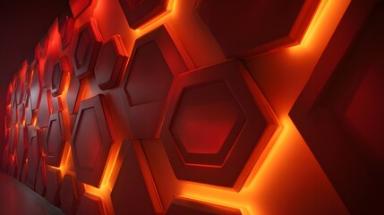 Illuminated Hexagonal Wall Design - A Modern Architectural Marvel with Glowing Orange Lights.