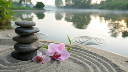 Zen Stone Stack with White Lotus Flower on Raked Sand at Tranquil Sunset Beach zen, stone, stack, balance, lotus, flower, white, sand, raked, beach, sunset, tranquil, meditation, harmony, peace, seren