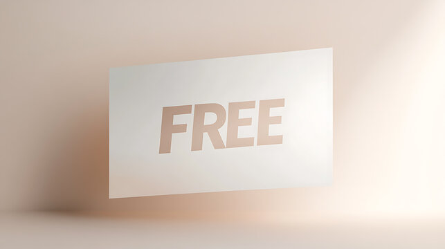 A minimalist studio shot displaying the word 'FREE' in a serif font on a white card against a gradient beige backdrop, casting soft shadows, implying availability and simplicity.