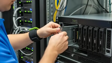 IT professional installing a hard drive in a server rack in a data center.