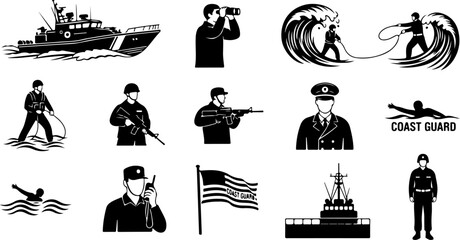 Modern Military Soldier Silhouette Set with Tactical Weapons Black Vector