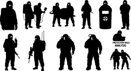 Modern Military Soldier Silhouette Set with Tactical Weapons Black Vector