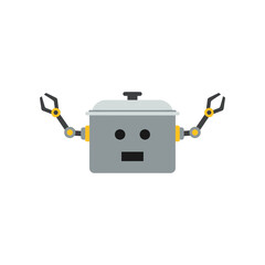 Robot pot with arms and a face ready to cook something delicious.
