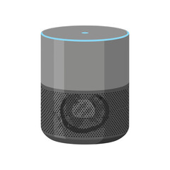 Smart speaker device with a cylindrical design and a mesh speaker.