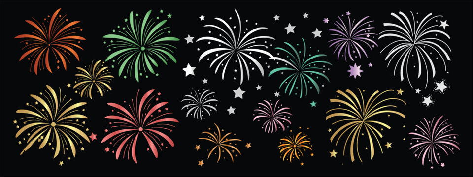 Fireworks on white background, fireworks clipart no background, icon, vector, illustration for Xmas, new year, holiday, birthday, anniversary, victory, party, carnival, 4th of July, printable banner 1