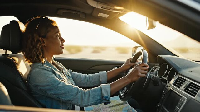 Woman drives car during sunset road trip with map nearby. Happy driver enjoys sunset journey through countryside. Woman driving at golden hour. Female drives car during sunset trip with map.