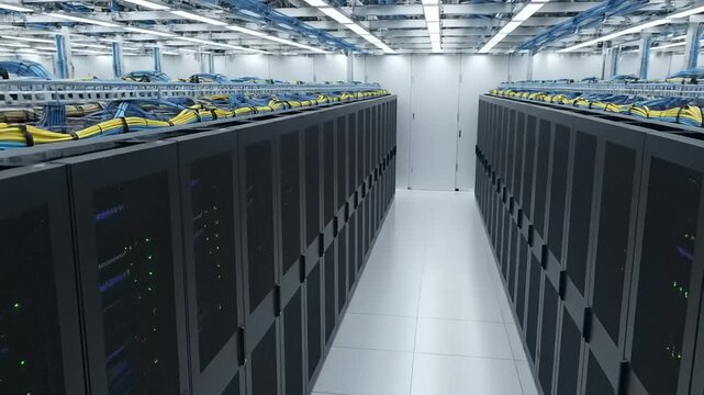 Modern Data Center with Rows of Server Racks and Network Cables.