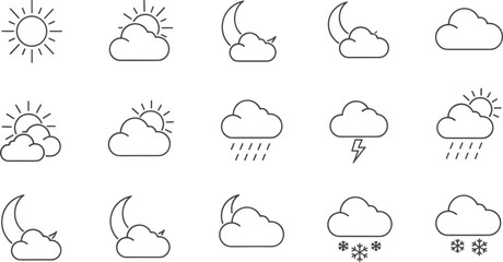 Minimalist gray line art weather icons set on white background featuring sun moon clouds rain snow and lightning symbols for interface © Samina