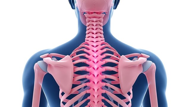 Detailed anatomical illustration of the human spine shoulder blades and neck