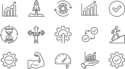 Minimalist Line Art Business Productivity and Growth Vector Icon Set: Performance, Efficiency, Goal, Success, and Development Symbols for Corporate Strategy. © Samina