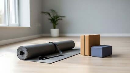 Yoga mat and blocks on a wooden floor in a serene room with natural light