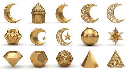 Large collection of 3D golden Ramadan and Eid holiday icons including crescent moons, lanterns, and stars