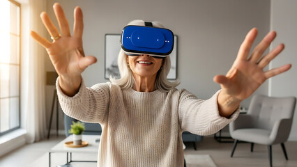 Happy senior woman with gray hair wearing a blue virtual reality headset and reaching out with hands