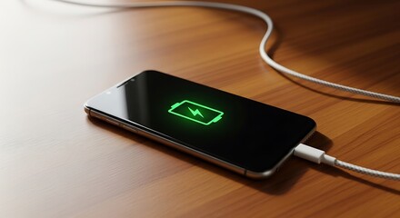 Smartphone Charging on Wooden Table with Green Battery Icon Displayed