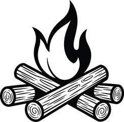 Black and white line art of a campfire with flames and logs arranged in a teepee style for camping