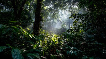 Lush Green Jungle Scene - Sunlight Filtering Through Dense Foliage, Creating a Mystical Atmosphere.