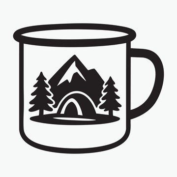 Black Silhouette Enamel Camping Mug with Mountain Tent and Pine Trees Scene &ndash; Outdoor Adventure Coffee Cup Icon Illustration