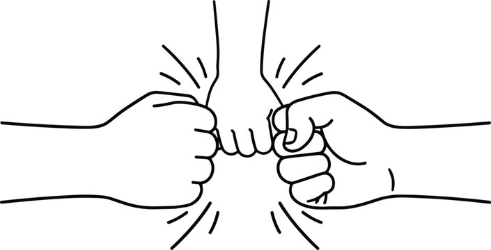 Line art illustration of a three-way fist bump representing teamwork family unity and community collaboration.